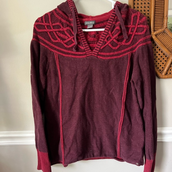 Eddie Bauer Sweaters - Eddie Bauer Burgundy and Red Knit Hooded Pullover